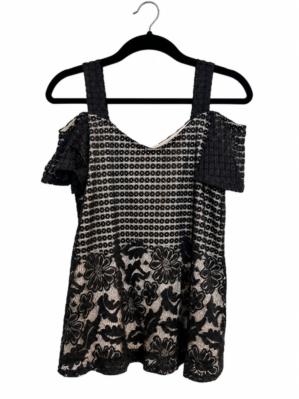 PerSeption Concept Black Lace Cold Shoulder Blouse Top Size Small